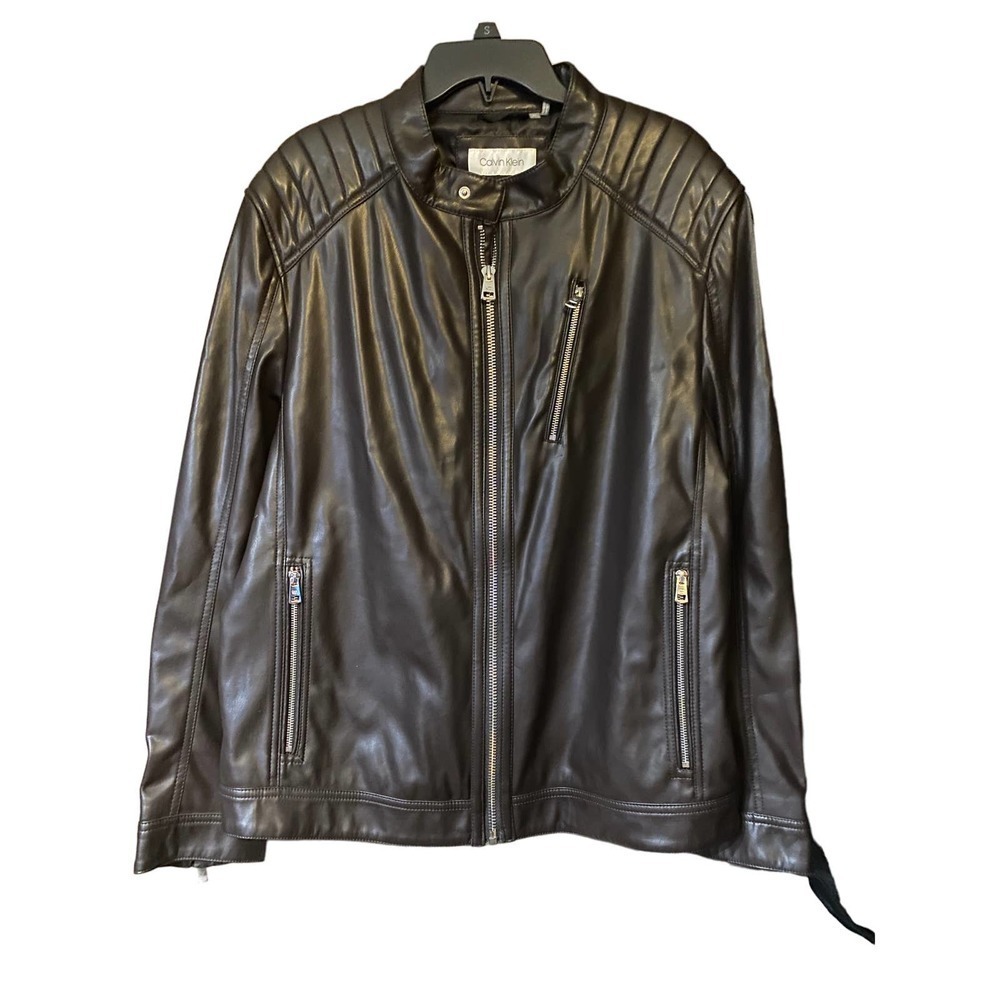 Calvin Klein Mens Brown Faux Leather Moto Jacket Outerwear XL